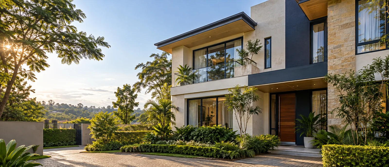 Illustrative contemporary home in a landscaped setting